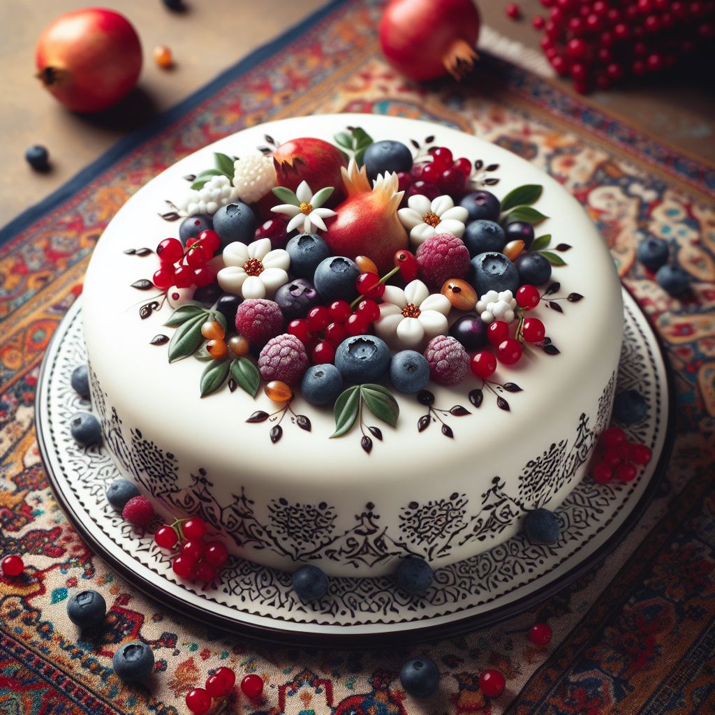 کیک یلدا با تزیین بلوبری و انار و گل